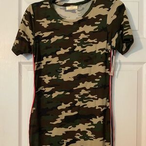 Brand New Camo dress with red and blue detailing on the side.